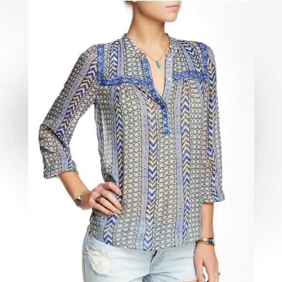 Lucky Brand Women's Blue and Black Geometric Beaded Third Eye Blouse - Picture 7 of 7